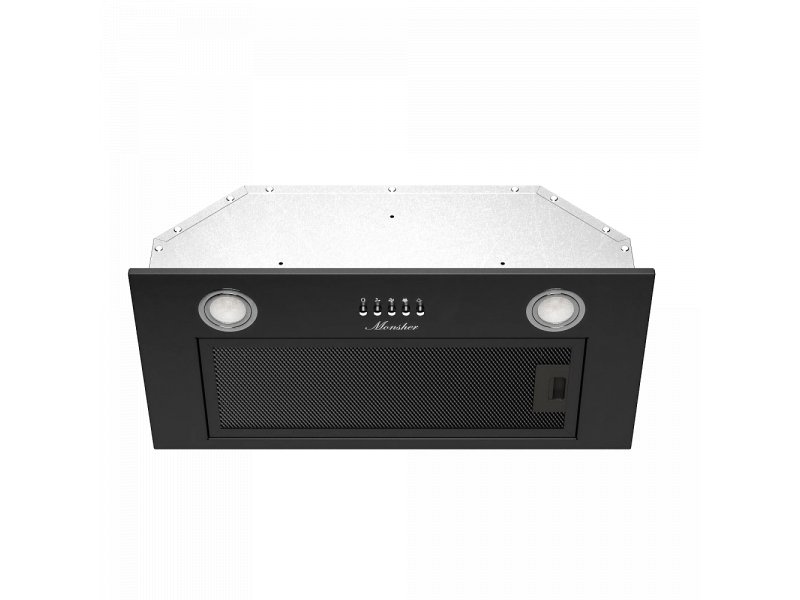 Monsher High-Tech Amie 60 черный вид сверху — белая верхняя панель, чёрный фасад, два светильника и сетчатый жиропоглощающий фильтр