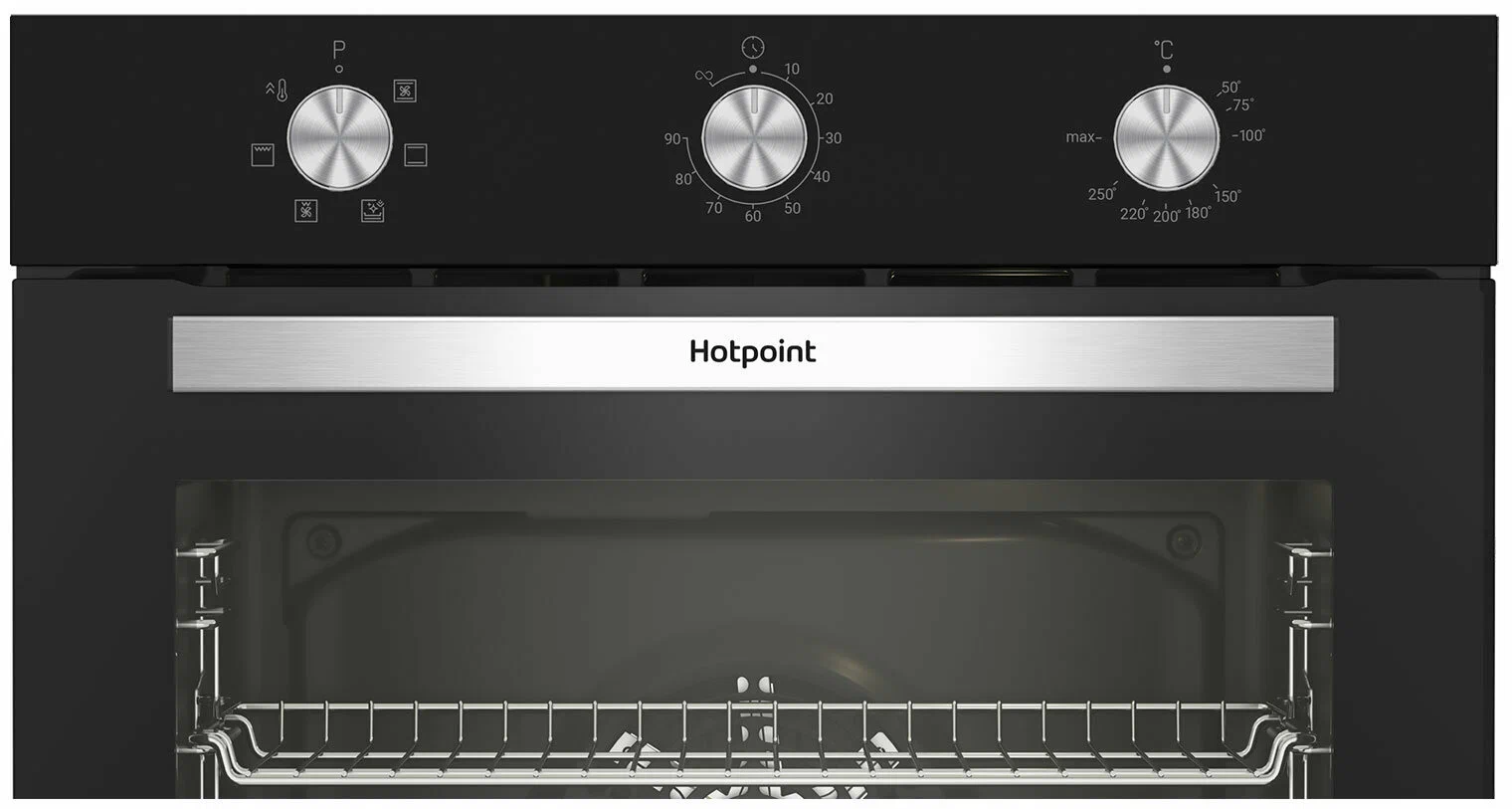 Hotpoint HETF 614 JH BL фронтальный вид — три поворотные ручки, открытая дверца с решёткой, чёрный корпус