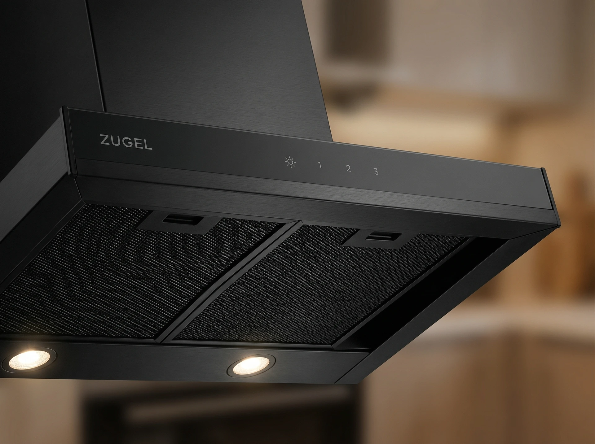 Zugel ZHT652GB встраиваемая вытяжка в интерьере тёмной кухни — чёрный корпус в гарнитуре