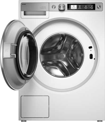 Asko W7096XW с открытым люком &mdash; барабан с подсветкой и отверстиями, цифровой TFT-дисплей на панели управления