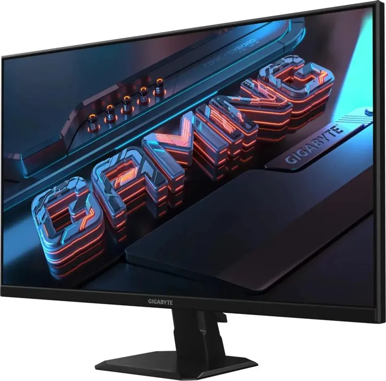Gigabyte GS27FA EK боковой вид трёхсторонний безрамочный корпус и подставка