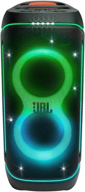 JBL PartyBox 720 с RGB LED-подсветкой зелёный и голубой вид спереди с ручкой