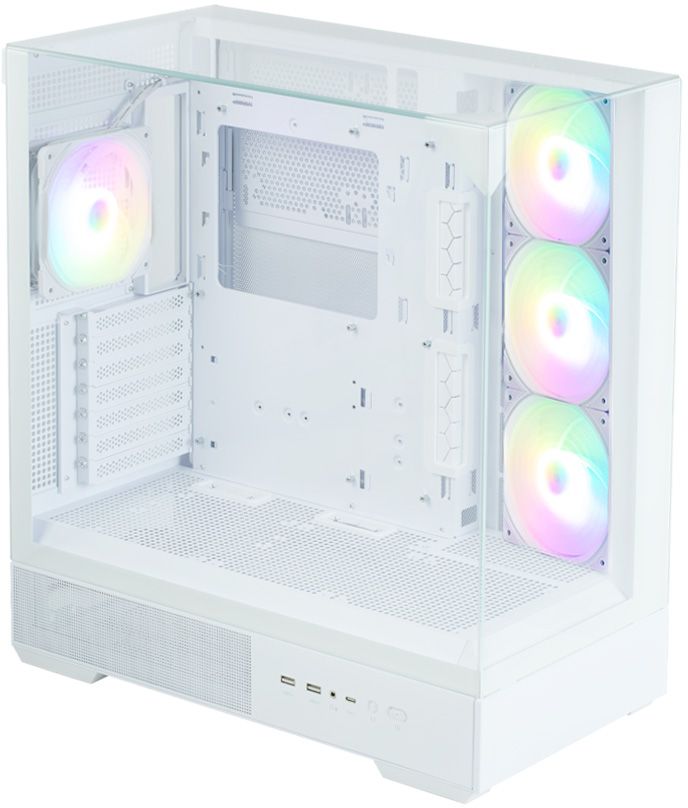 Zalman P40 Prism Plus White — внутреннее пространство с открытой боковой панелью, три ARGB-вентилятора и кабельные каналы