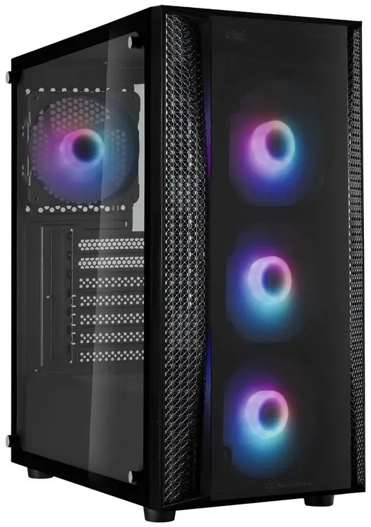 SilverStone Fara SST-FAB1B-PRO-V2 вид спереди с RGB-вентиляторами и открытой боковой панелью