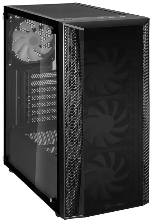SilverStone Fara SST-FAB1B-PRO-V2 изометрический вид с открытой стеклянной панелью и внутренними компонентами