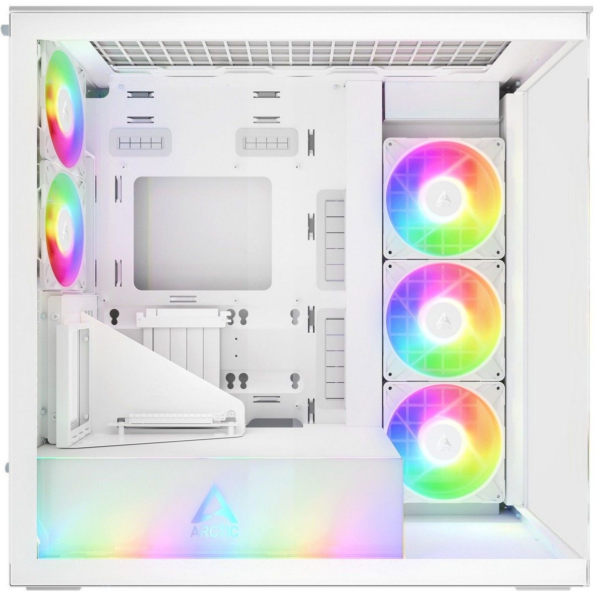 Arctic Xtender VG White вид сверху открытый корпус ARGB-вентиляторы материнская плата просторный внутренний объём