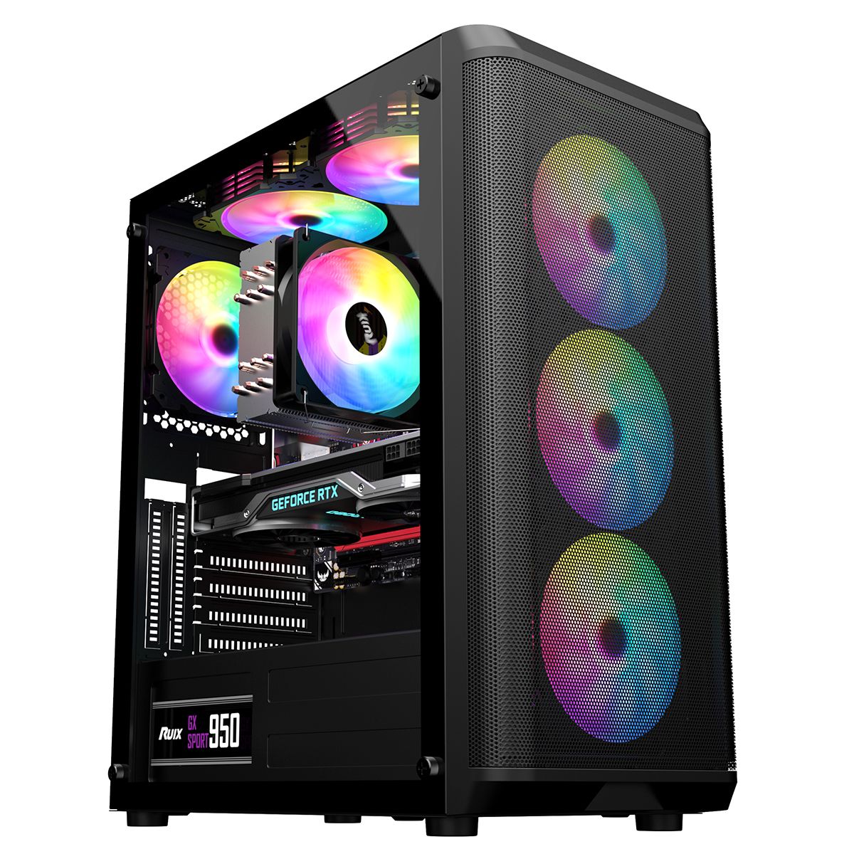 Alseye Audin-BK вид изнутри с видеокартой RTX и RGB-вентиляторами
