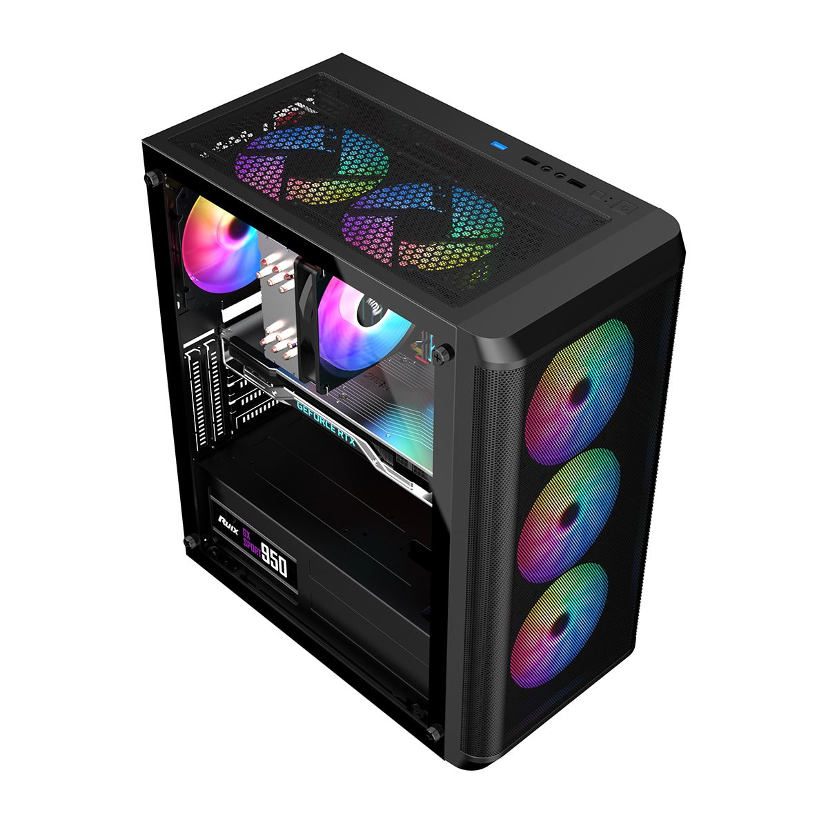 Alseye Audin-BK изометрический вид с RGB-вентиляторами и открытой боковой панелью