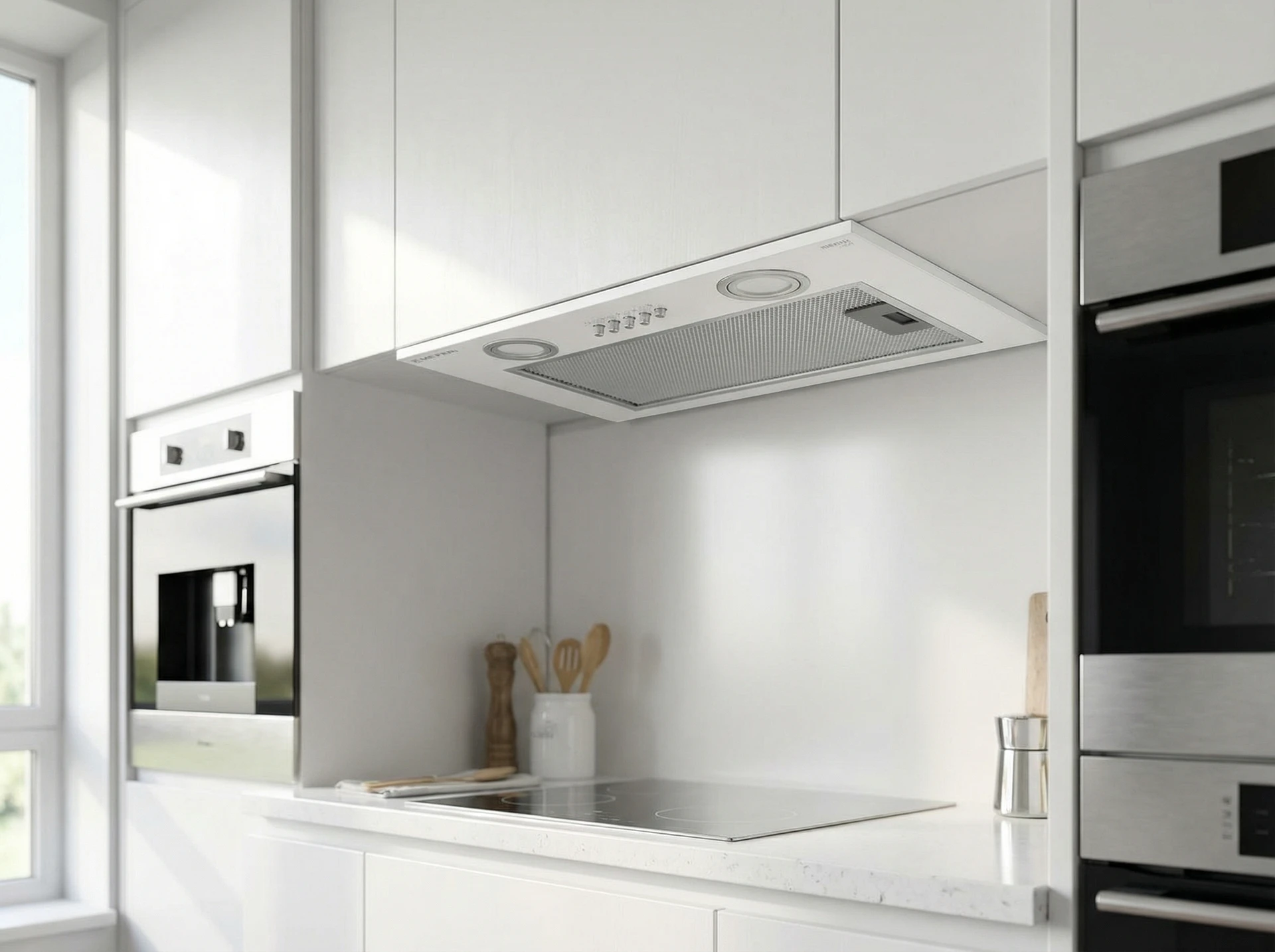 Meferi Light Inbox45WH встраиваемая вытяжка в интерьере кухни белый корпус