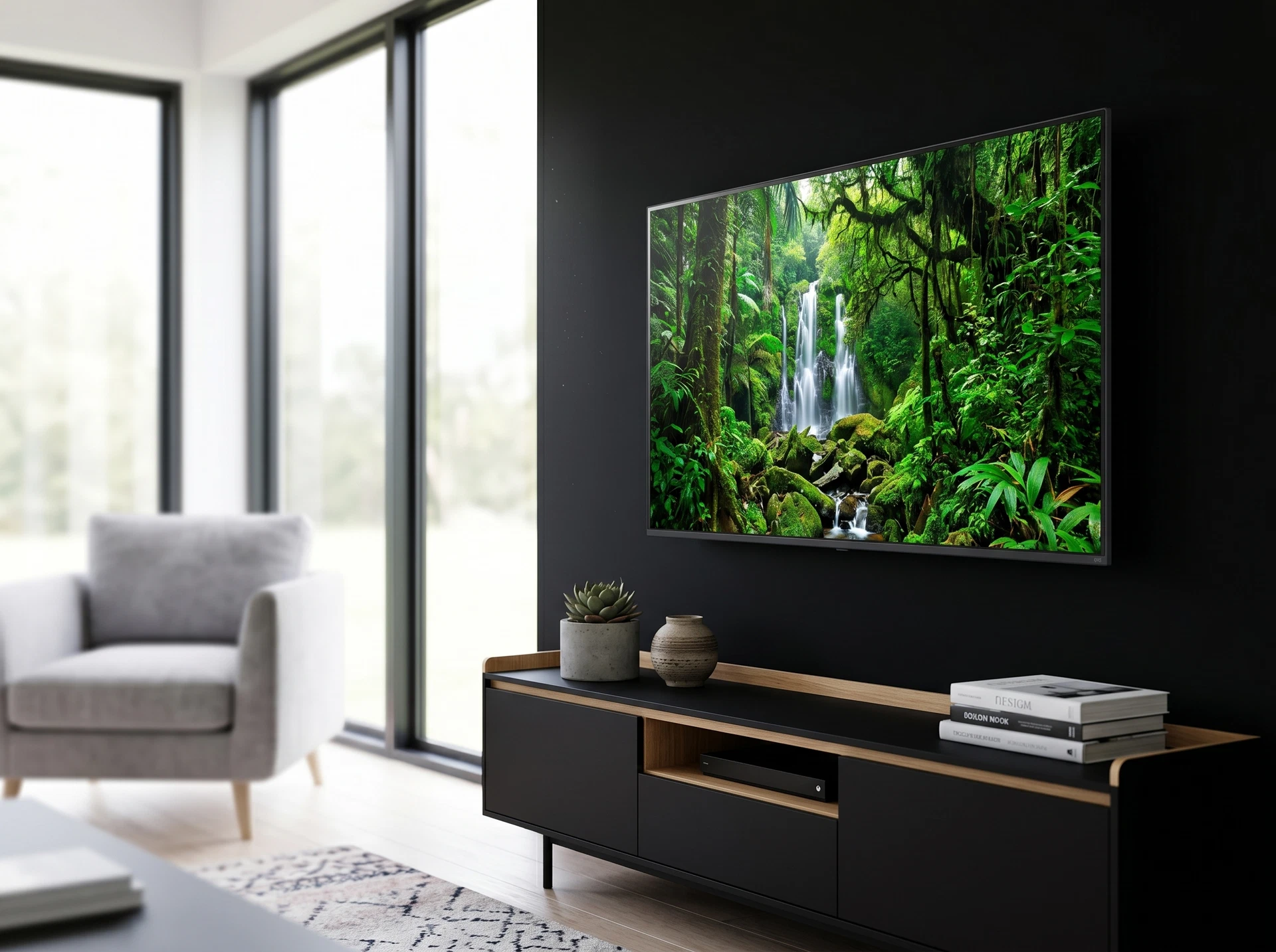 LG 50NU900B6LA в интерьере гостиной — телевизор на подставке в жилом пространстве