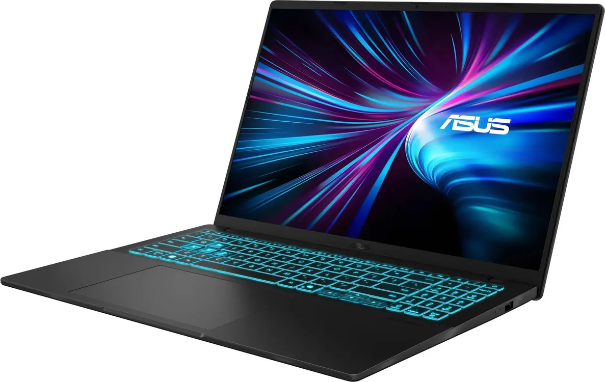 ASUS V16 V3607VM общий вид спереди с включённым экраном и RGB-подсветкой клавиатуры