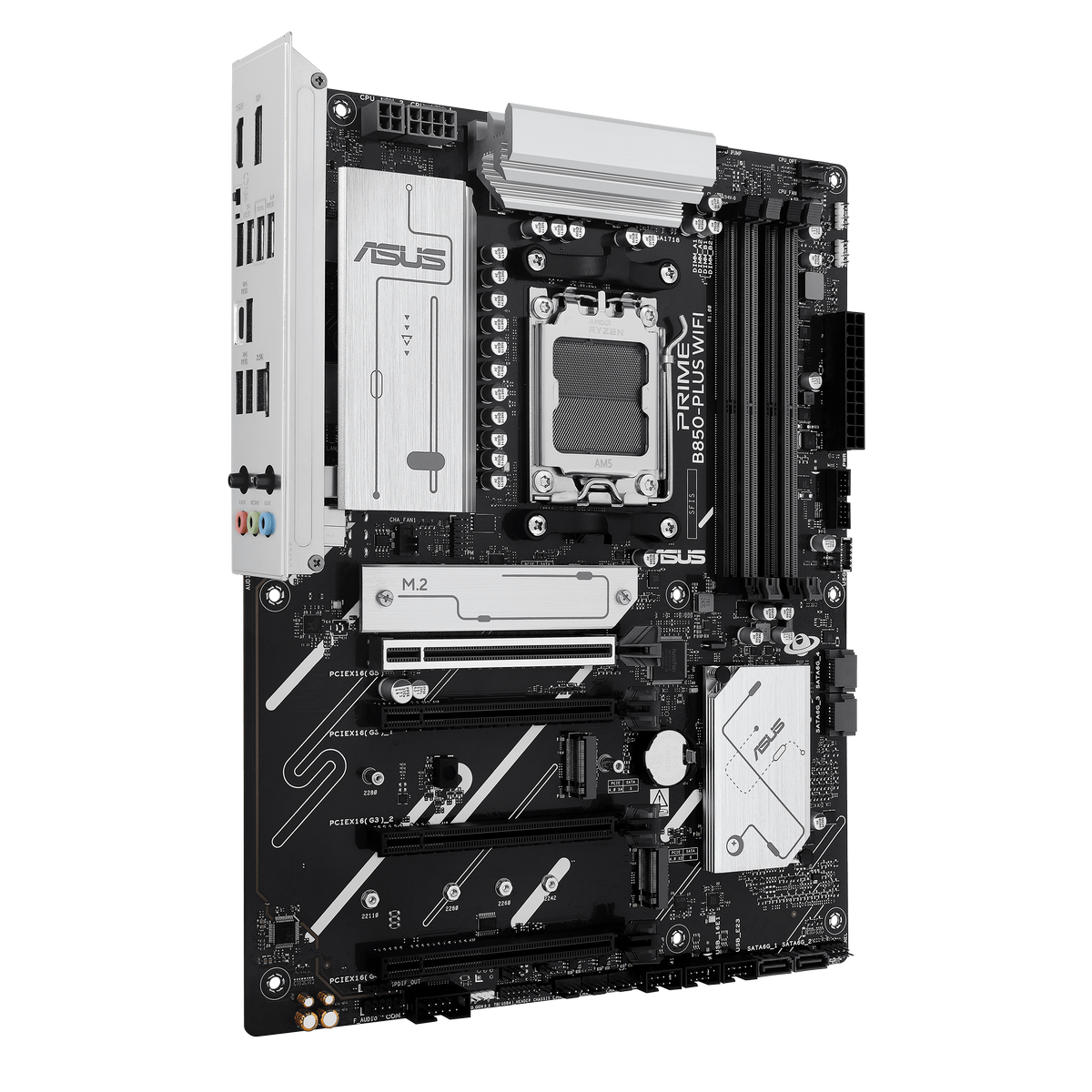 ASUS Prime B850-PLUS WiFi разъёмы M.2 и слоты PCIe крупный план