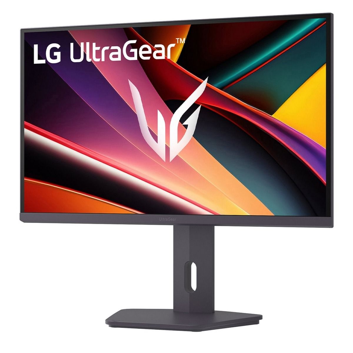 LG UltraGear 27G610A-B вид спереди на подставке с демонстрационной заставкой