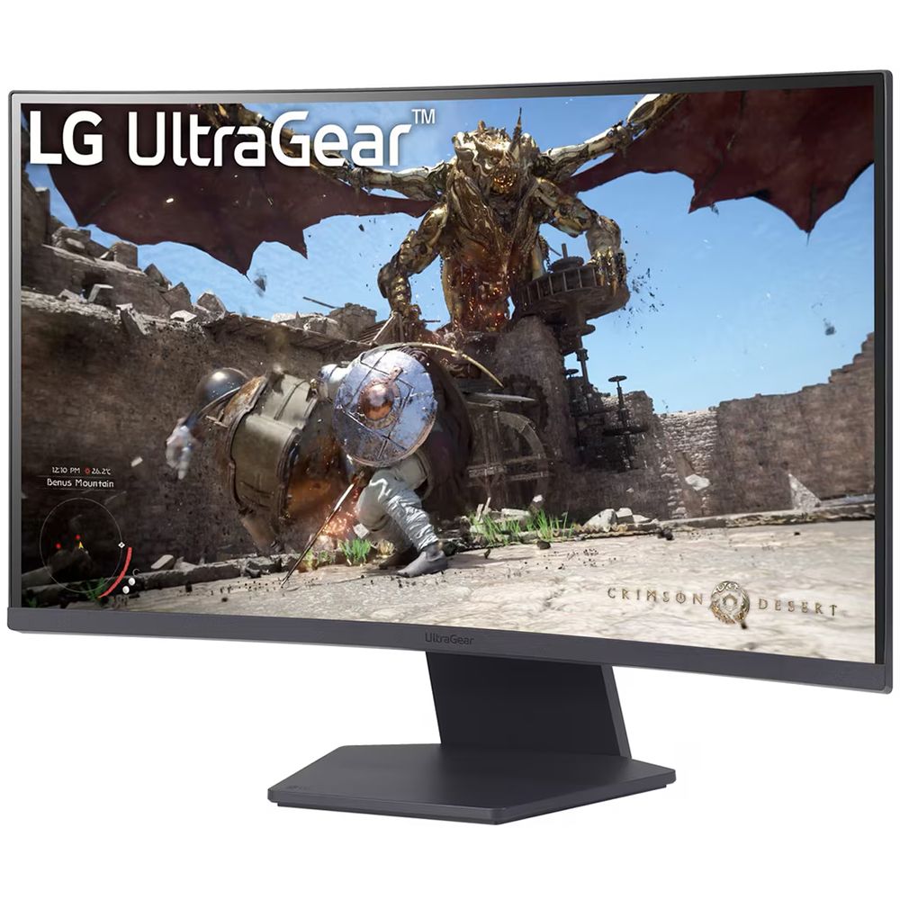 LG UltraGear 27GS60QC-B вид спереди под углом с включённым экраном, демонстрация тонкого безеля
