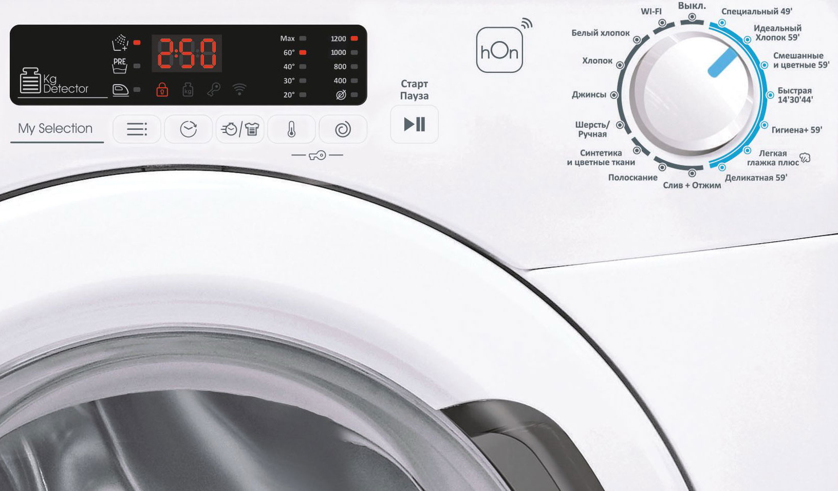Candy Smart Pro CSH41273DW/2-07 панель управления с дисплеем, иконками Kg Detector и My Selection, диаграммой программ стирки