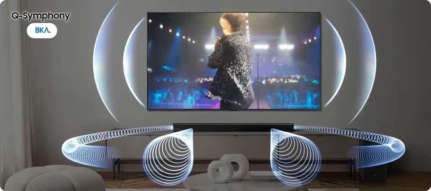 Samsung HW-B750F Q-Symphony расширенная звуковая сцена в паре с телевизором Samsung