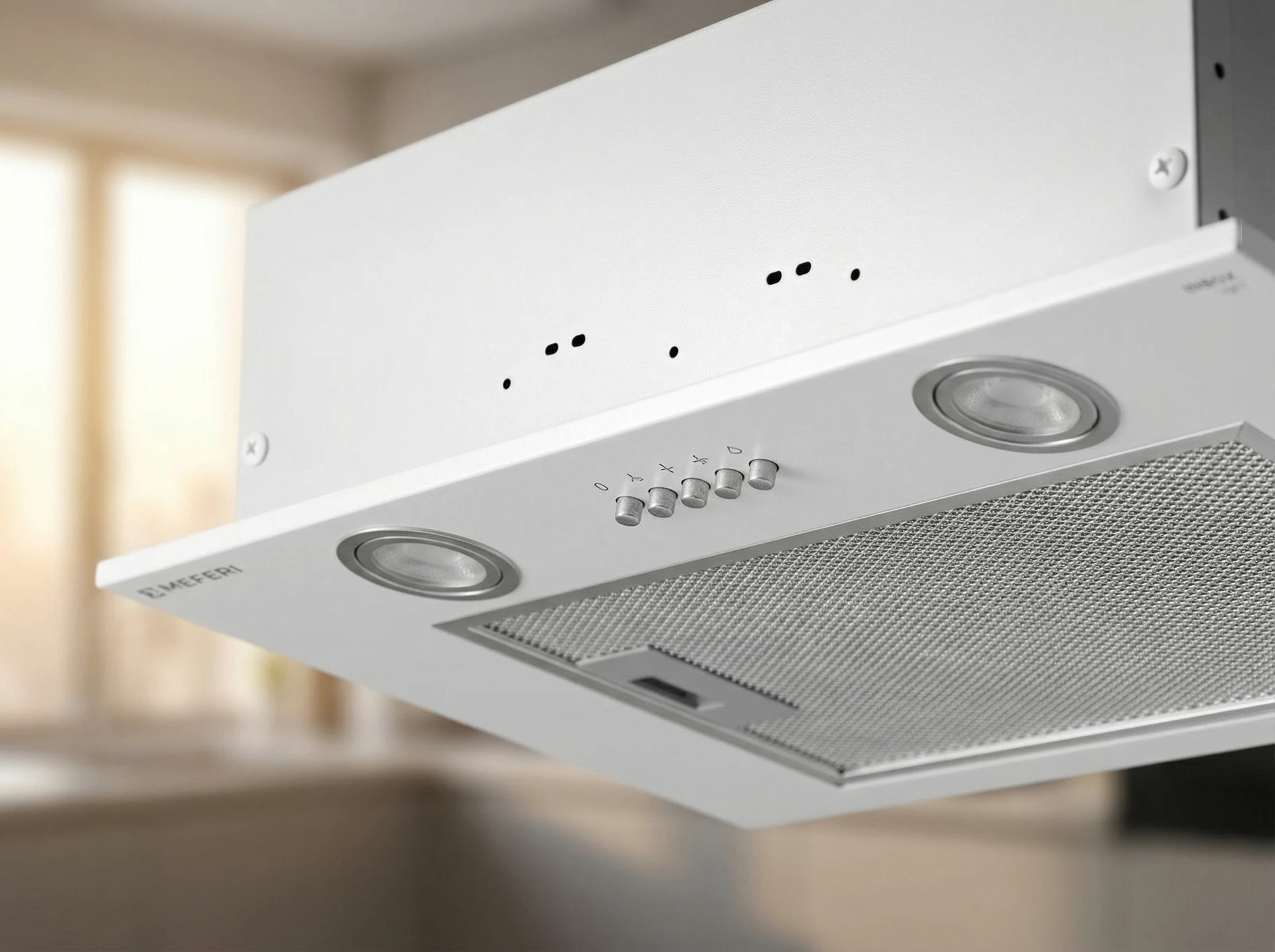 Meferi Light InBox60WH белый &mdash; встраиваемая вытяжка в кухонном интерьере, шкаф скрывает корпус