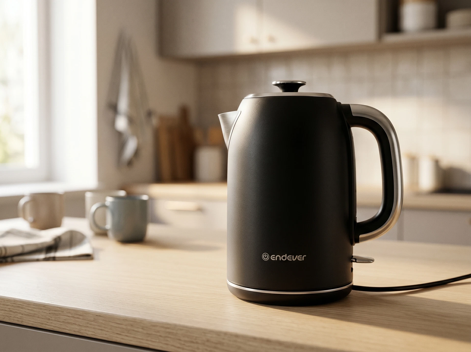 Endever Skyline KR-256S чёрный чайник в интерьере кухни