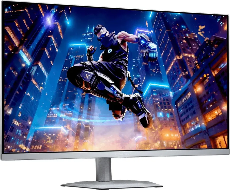 Gigabyte MO27Q2A EK ICE вид спереди на подставке, экран с яркой киберпанк-картинкой