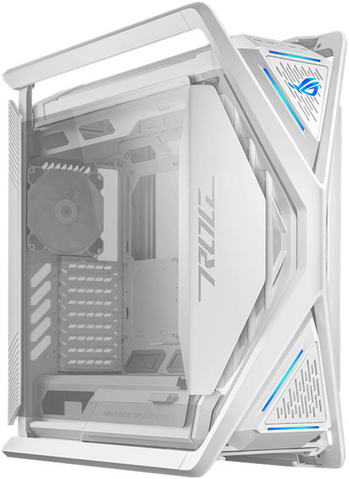 ASUS ROG Hyperion GR701 вид сбоку открытая боковая панель внутренняя компоновка материнская плата охлаждение и кабели