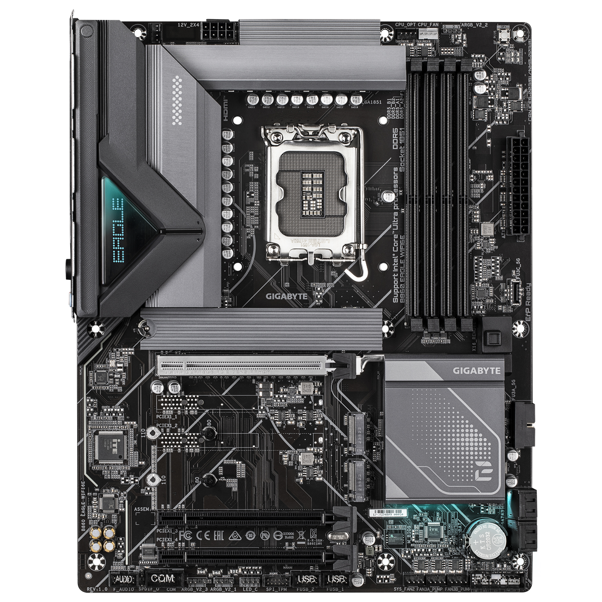 Gigabyte B860 Eagle Wifi6E разъёмы M.2 и слоты PCIe на плате ATX