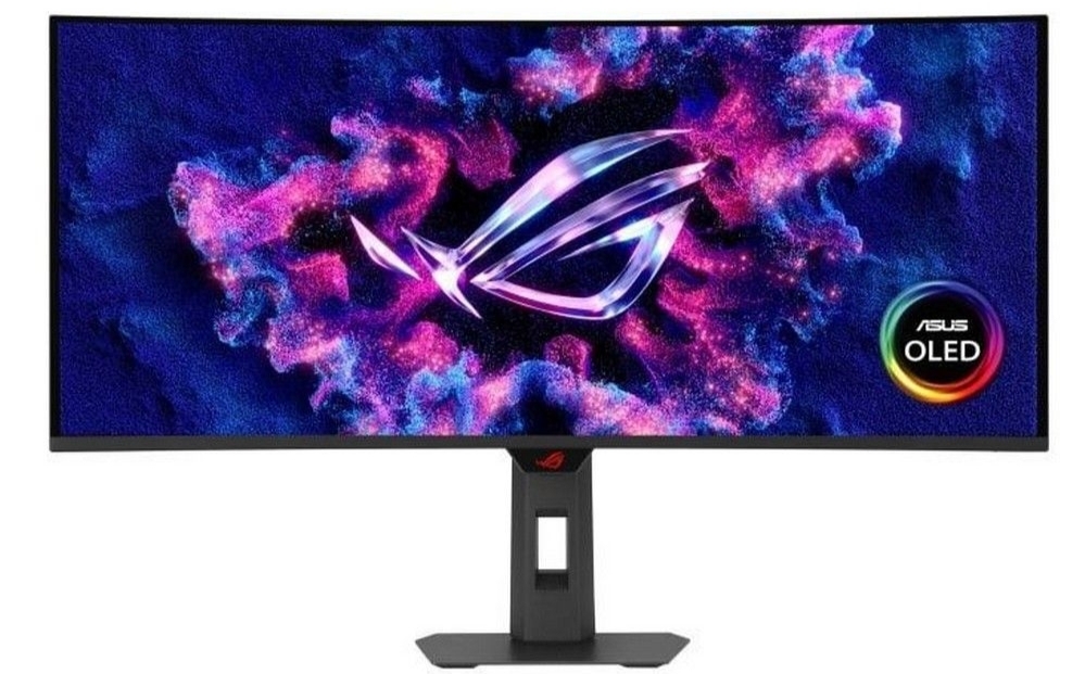 ASUS XG34WCDG ультраширокий изогнутый QD-OLED монитор вид спереди с подсветкой ROG