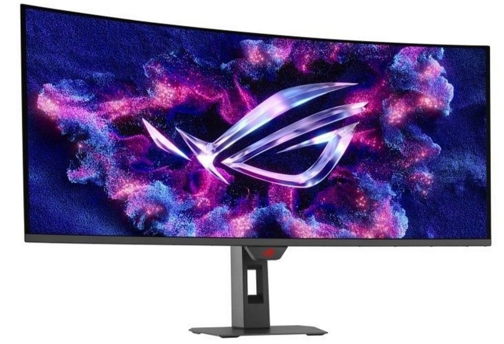 ASUS XG34WCDG вид под углом демонстрация QD-OLED цветопередачи логотип ROG