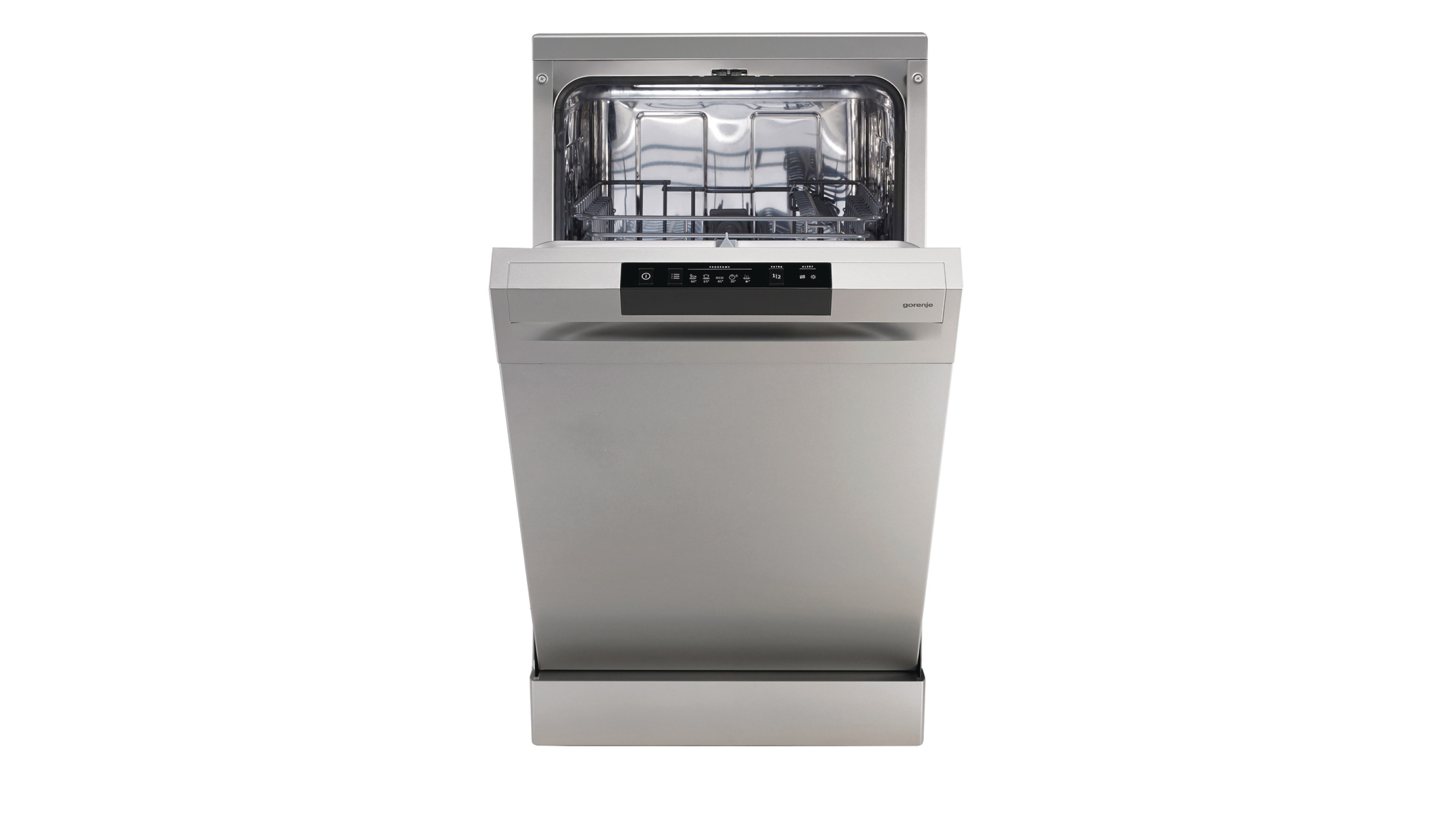 Gorenje GS520E15S вид спереди &mdash; открытая дверца, внутренние корзины и панель управления