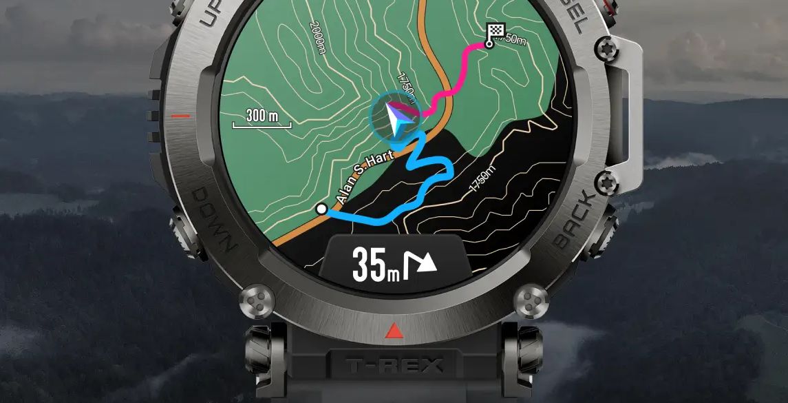 Amazfit T-Rex Ultra A2142 навигационный интерфейс топографическая карта маршрута с высотами