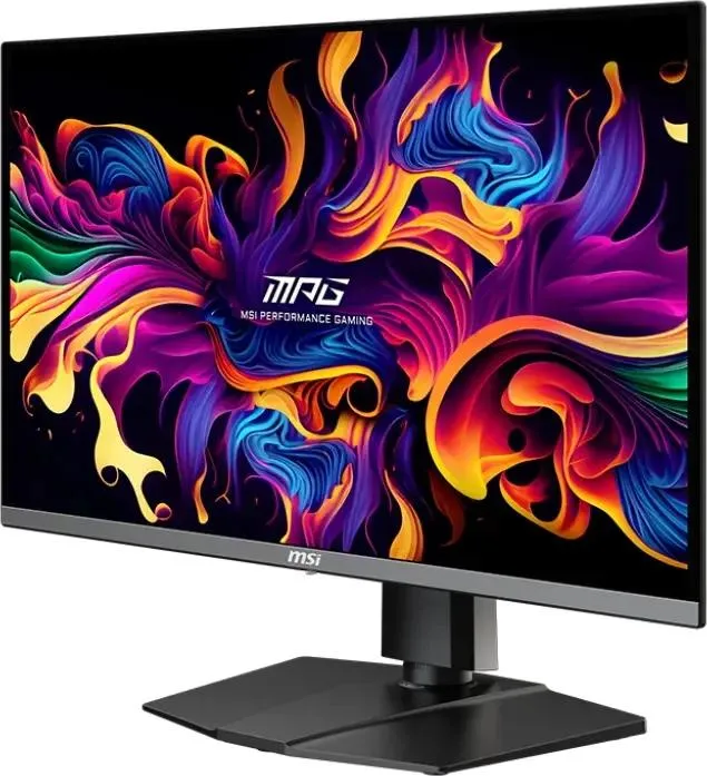 MSI MPG 272URX фронтальный вид, демонстрация цветопередачи QD-OLED-панели и металлическое основание