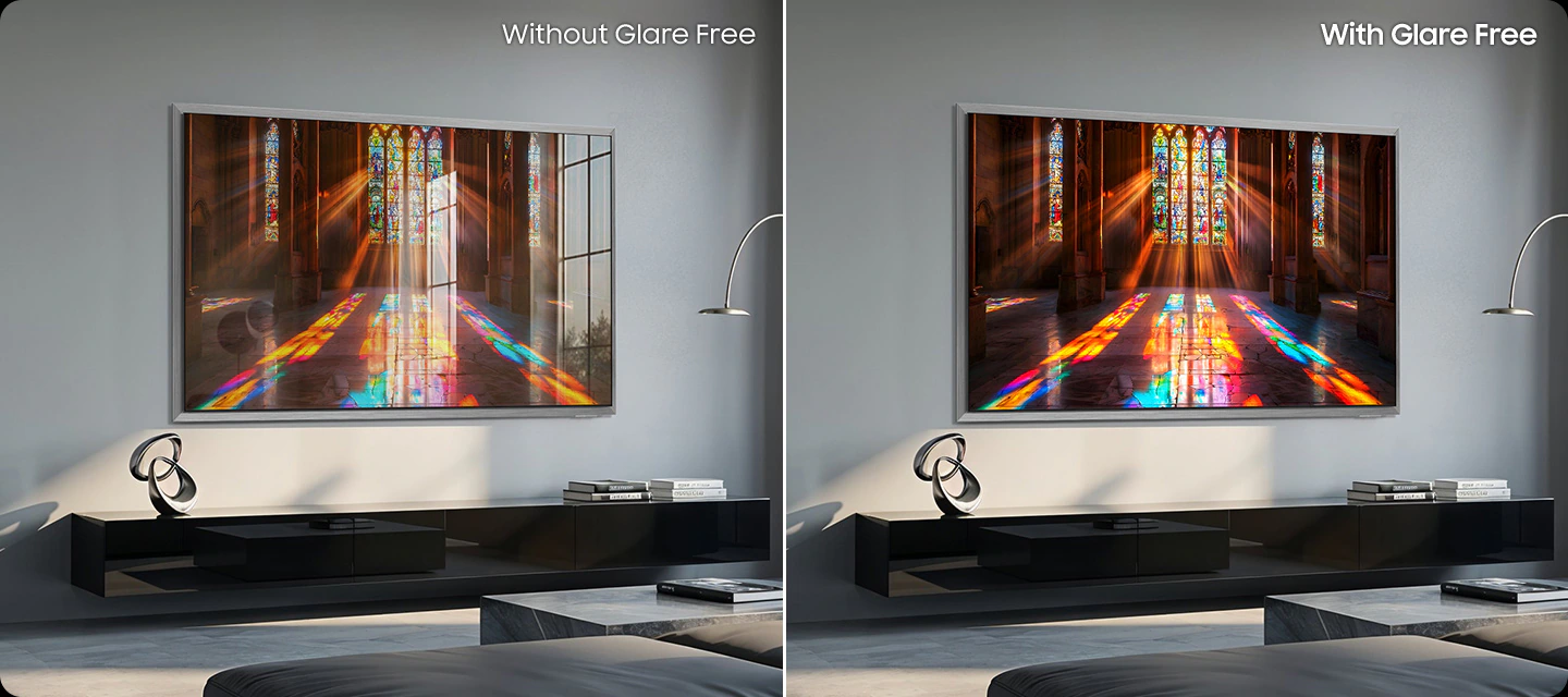 Samsung QE55S95H технология Glare Free — сравнение отражений без и с антибликовым покрытием