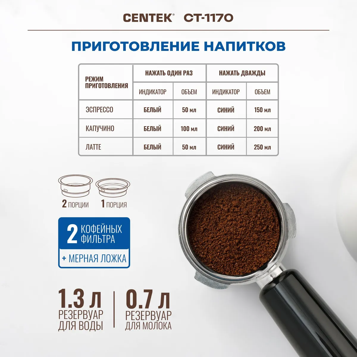 Centek CT-1170 — режимы приготовления эспрессо, капучино, латте и комплектация фильтрами
