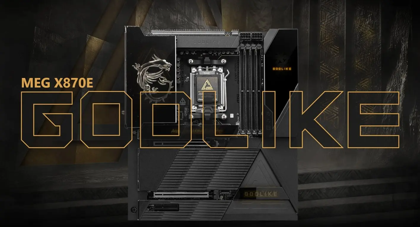 MSI MEG X870E GODLIKE материнская плата E-ATX вид сверху полная компоновка