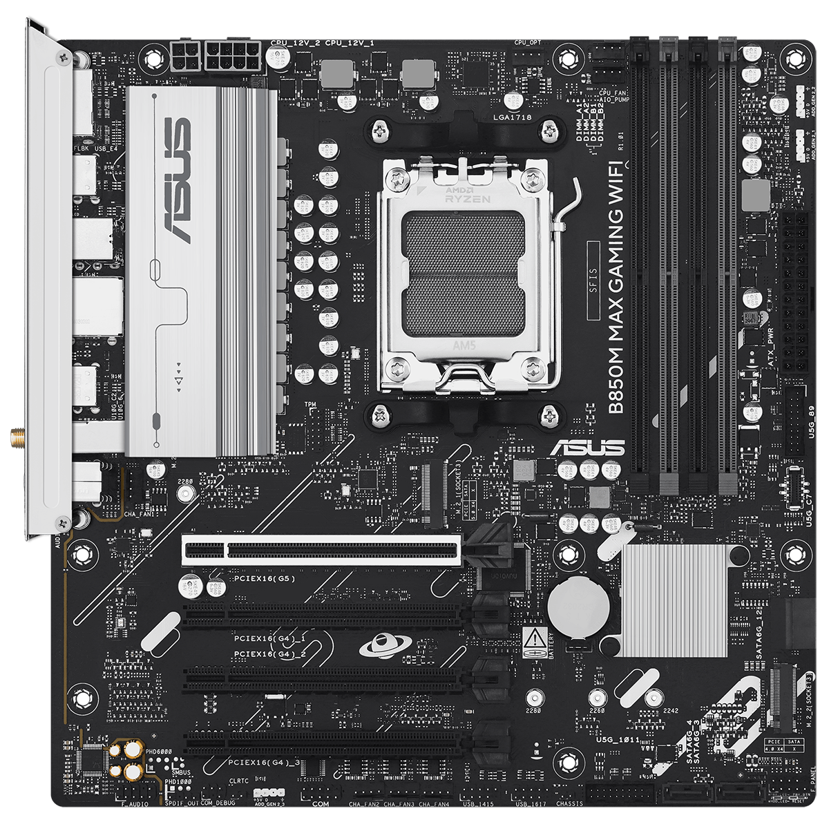 ASUS B850M MAX Gaming WiFi разъёмы M.2 и слоты памяти DDR5 на плате
