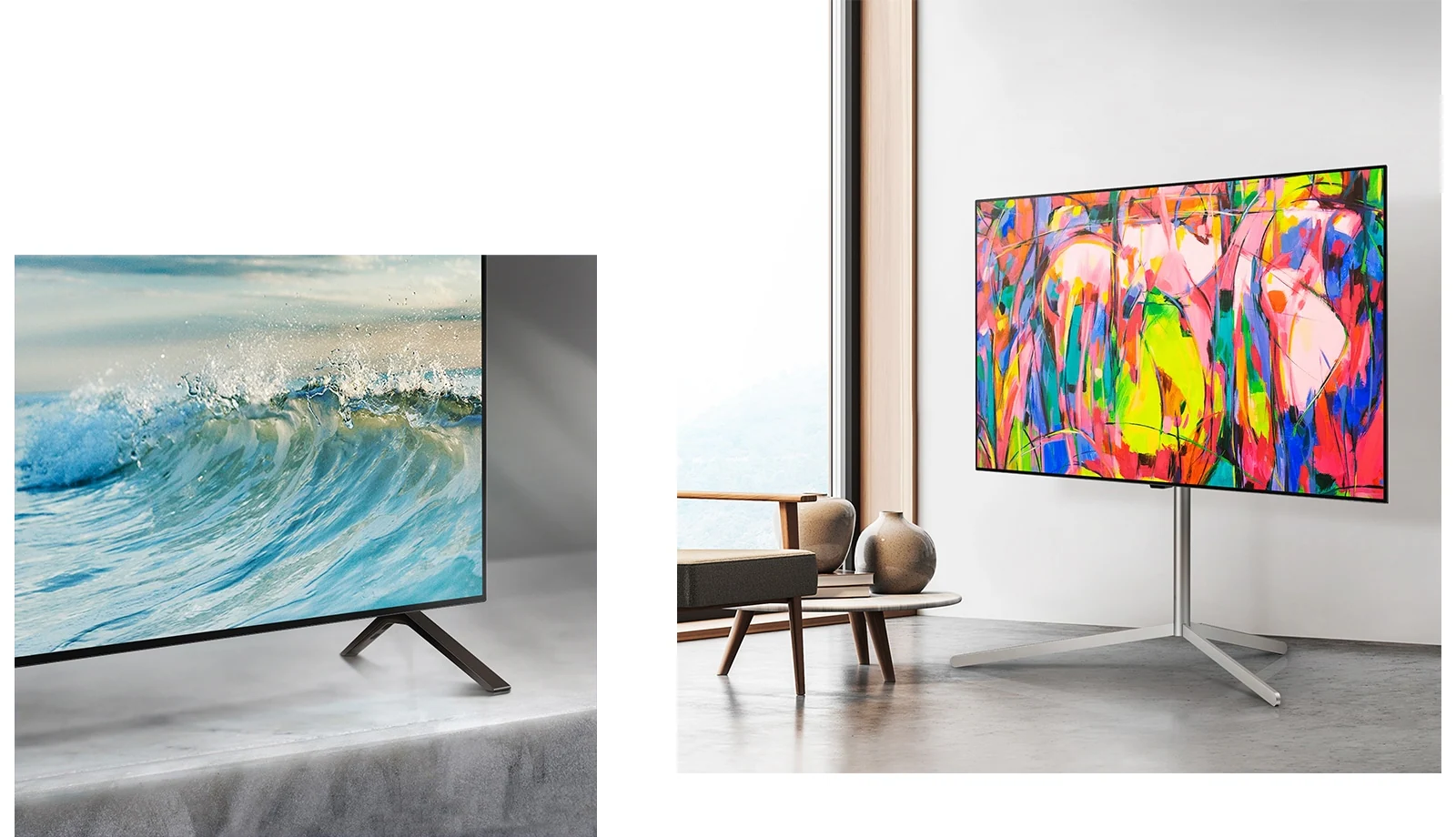 Нижний угол подставки для телевизора LG OLED TV, OLED B4 на мраморной поверхности. На экране появляется бледно-голубая волна.   Телевизор LG OLED TV, OLED B4 на подставке в минималистичном пространстве. 