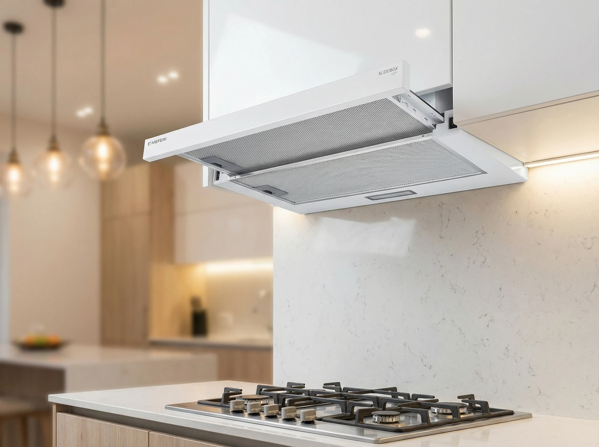 Meferi Light SlideBox60WH белый в интерьере кухни со встроенным монтажом