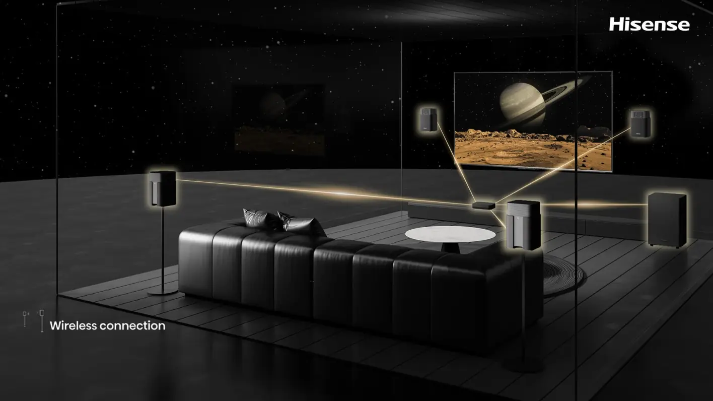 Hisense HT SATURN беспроводное подключение спутников — трёхдиапазонный Wireless connection в интерьере гостиной