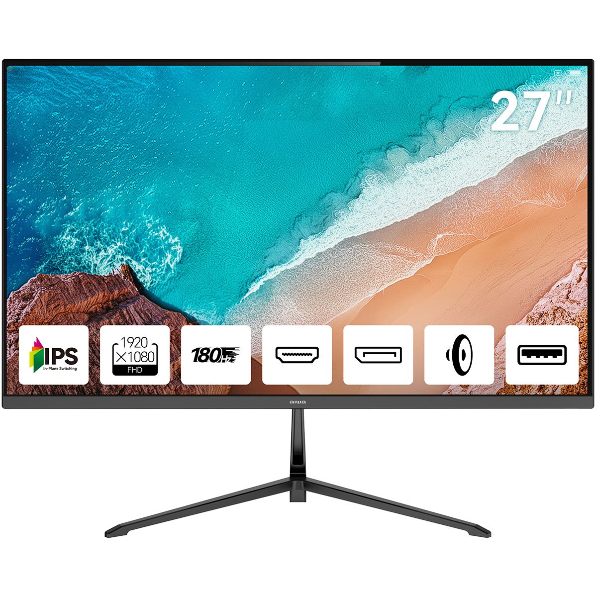 AIWA MD2712 вид спереди, инфографика характеристик — IPS, 1920x1080, 180 Гц, порты HDMI DisplayPort USB