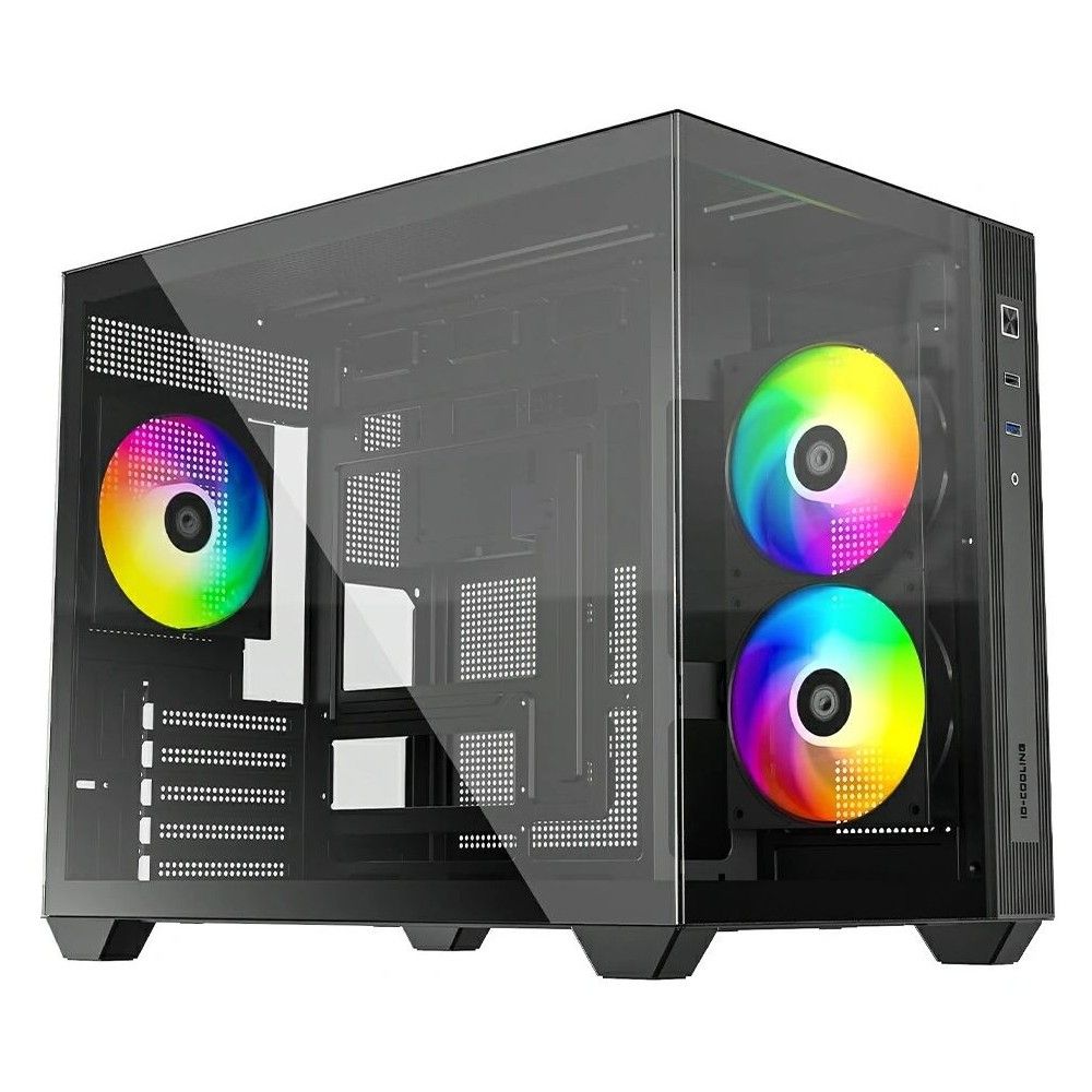 ID-Cooling VIEW 500 ARGB угловой вид с тремя ARGB-вентиляторами и прозрачной боковой панелью