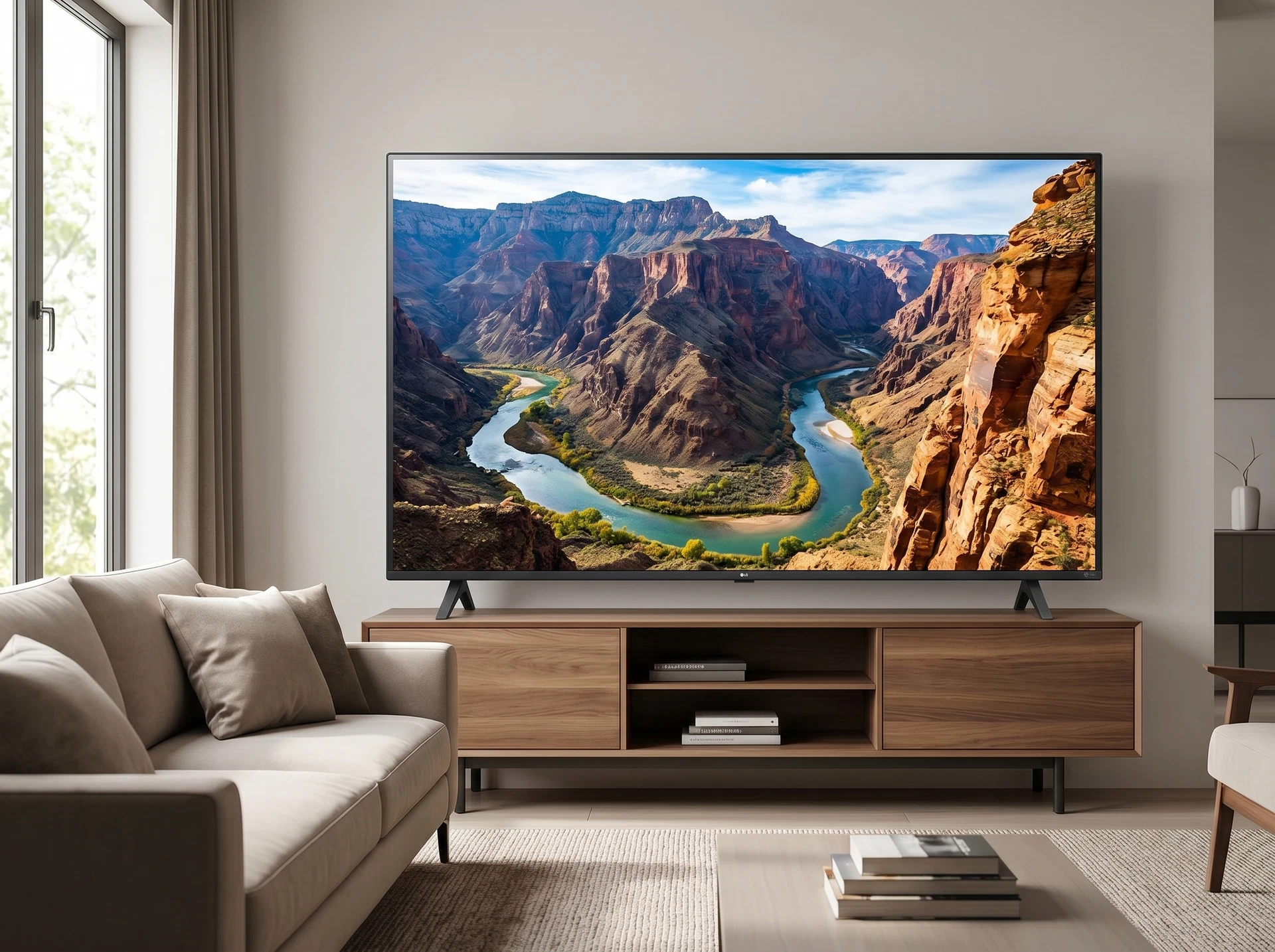LG 85NU900B6LA в интерьере гостиной &mdash; масштаб 85-дюймовой панели на стене