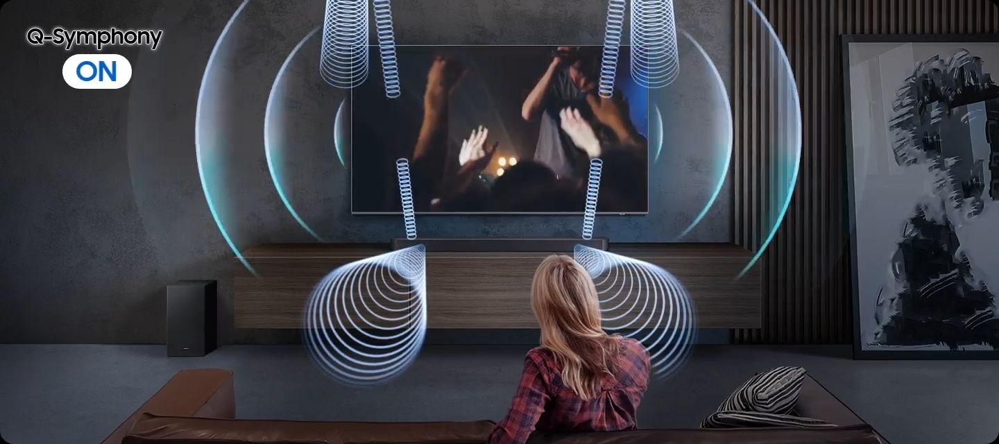 Samsung HW-Q600F Q-Symphony синхронизация саундбара и телевизора звуковые волны