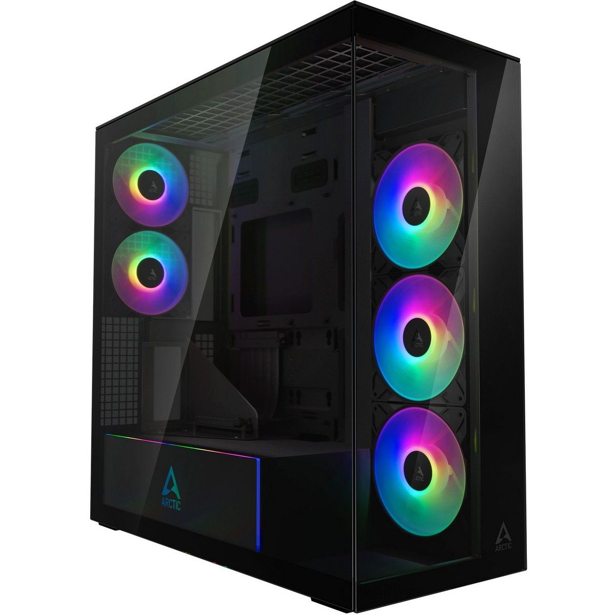 Arctic Xtender VG Mirror ACPCC00019A — общий вид спереди с ARGB-вентиляторами и стеклянной панелью