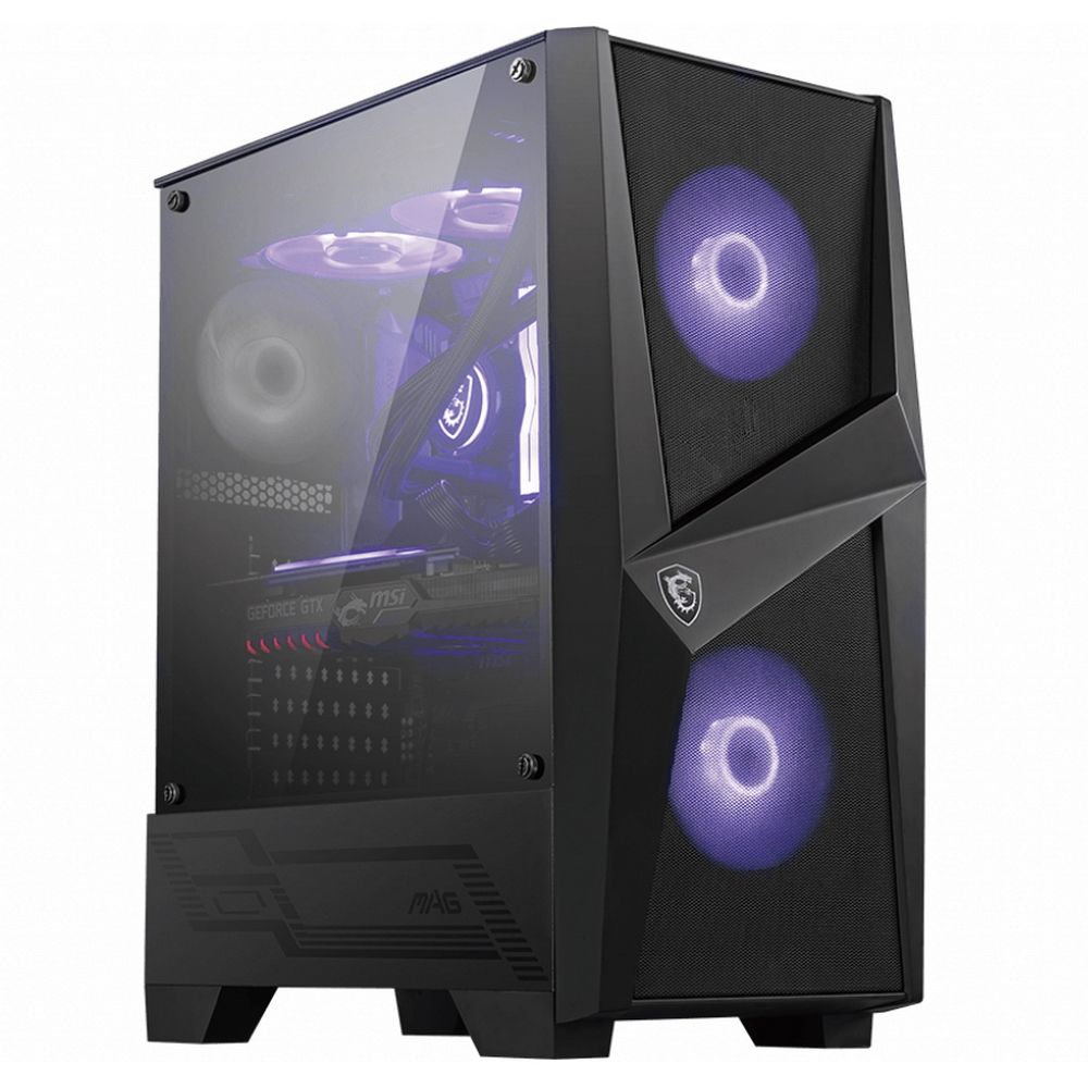 MSI MAG FORGE 100M вид спереди и сбоку с прозрачной боковой панелью и RGB-подсветкой