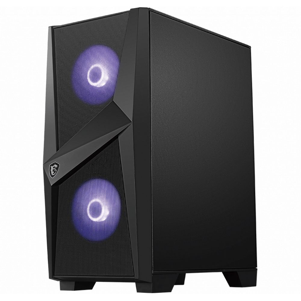 MSI MAG FORGE 100M вид спереди с двумя RGB-вентиляторами и сетчатой фронтальной панелью