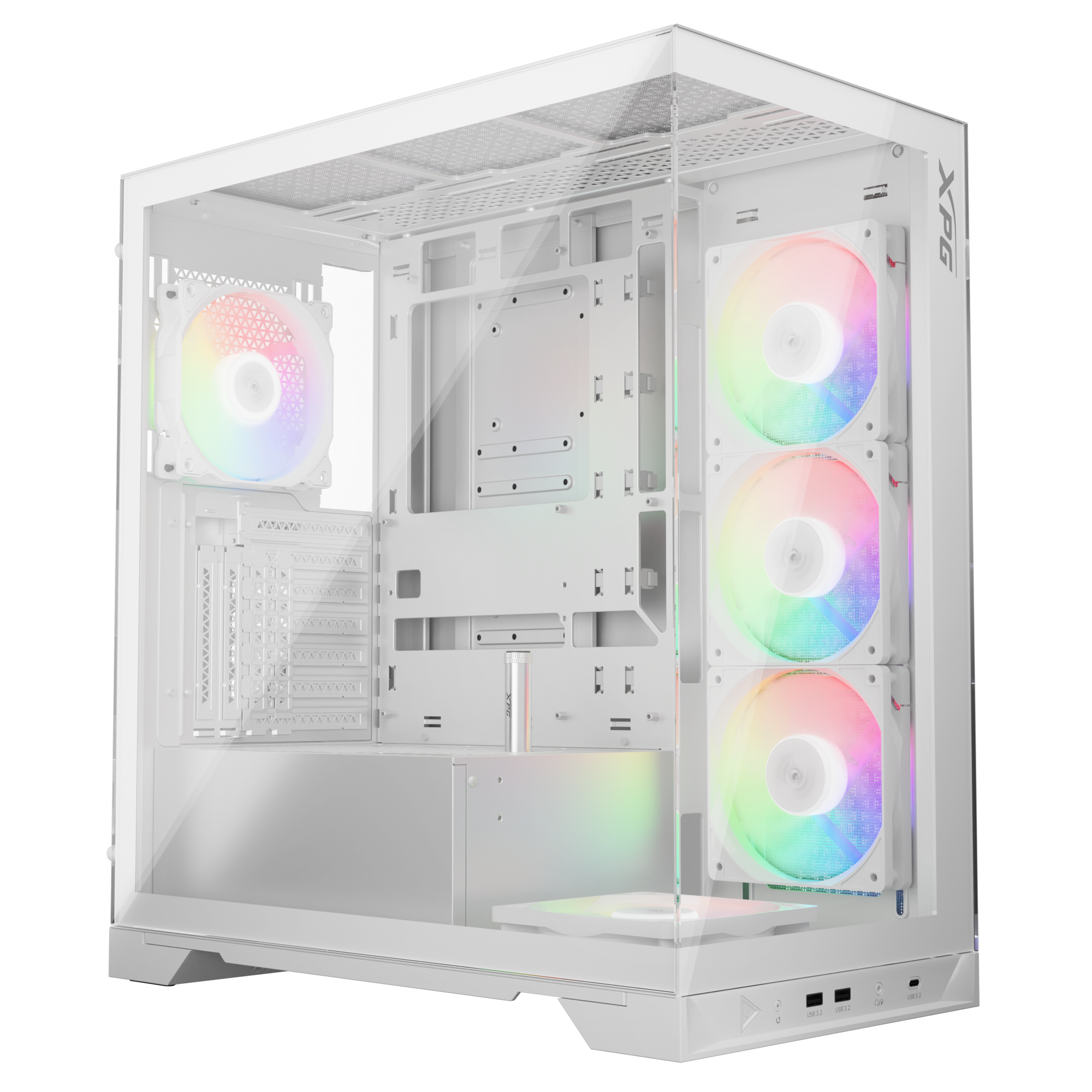 ADATA XPG INVADER X белый корпус вид спереди-сбоку с ARGB-вентиляторами и стеклянной боковой панелью