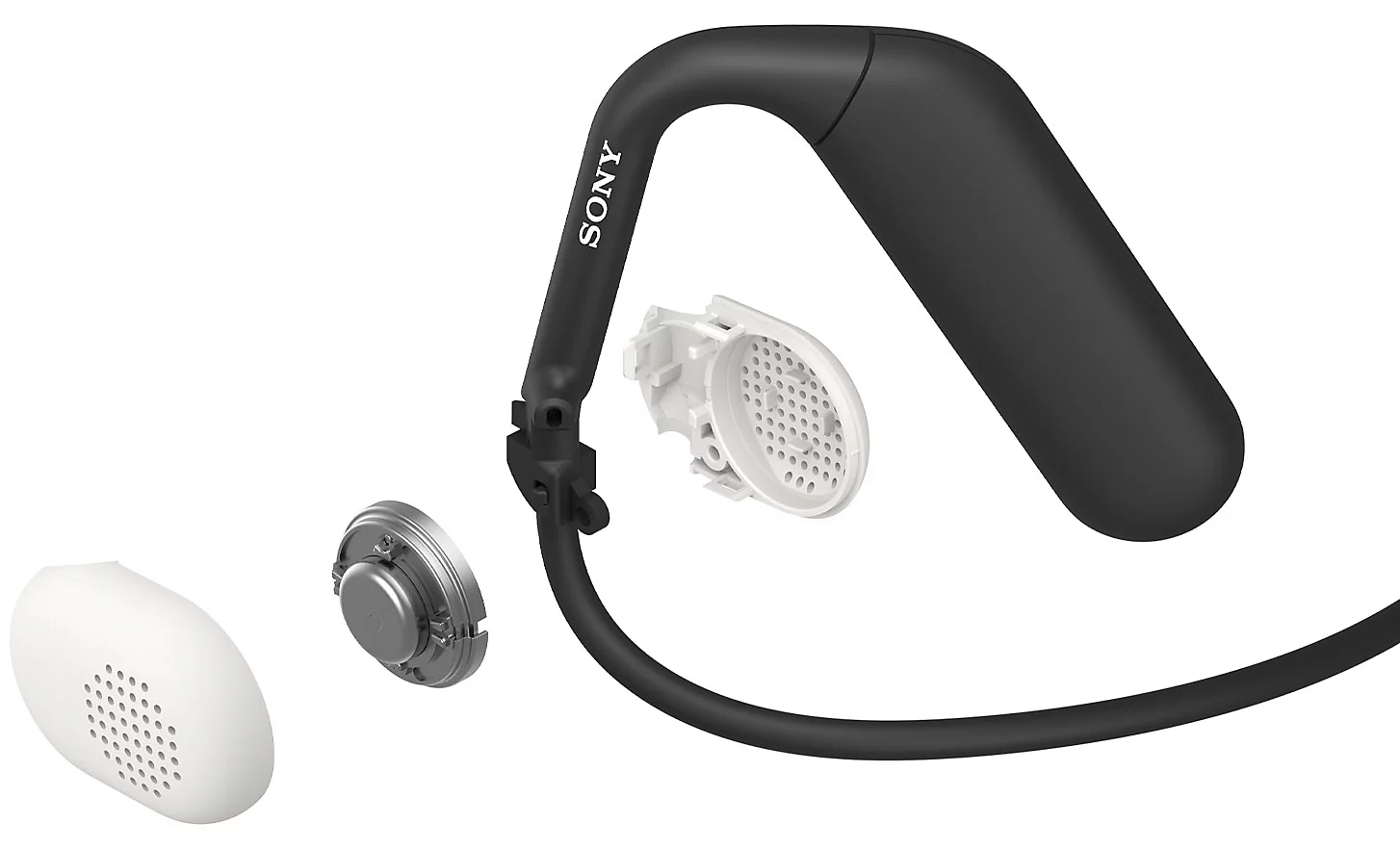 Поэлементное изображение наушника Float Run от Sony, на котором показаны внутренние компоненты