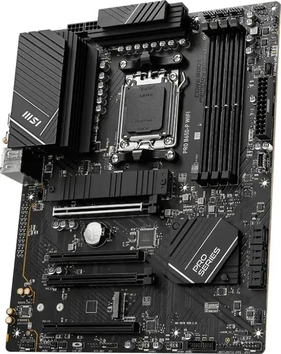 MSI PRO B650-P WiFi вид сверху — сокет AM5, слоты DDR5, разъёмы питания процессора и зона VRM
