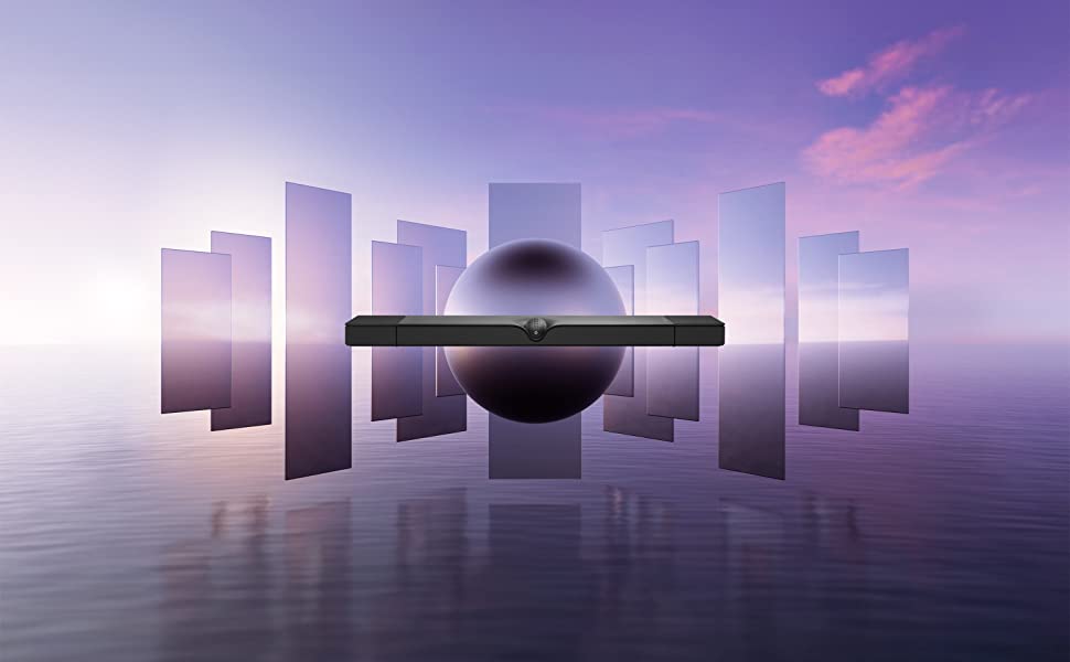 Devialet Dione Matte Black &mdash; концептуализация пространственного звука Dolby Atmos 5.1.2: саундбар в центре, окружённый звуковыми панелями и сферой