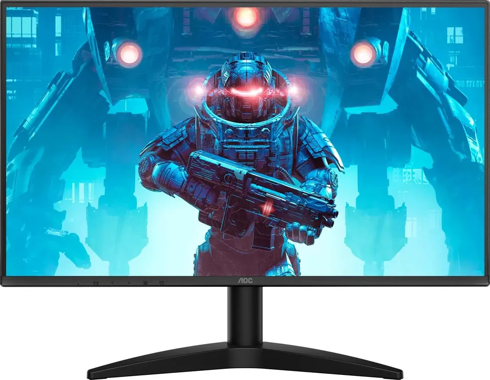 AOC 24B36X игровой монитор вид спереди с киберпанк-сценой на экране