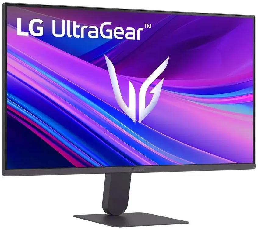 LG 24G411A-B игровой монитор UltraGear вид спереди на подставке фиолетово-синий градиент